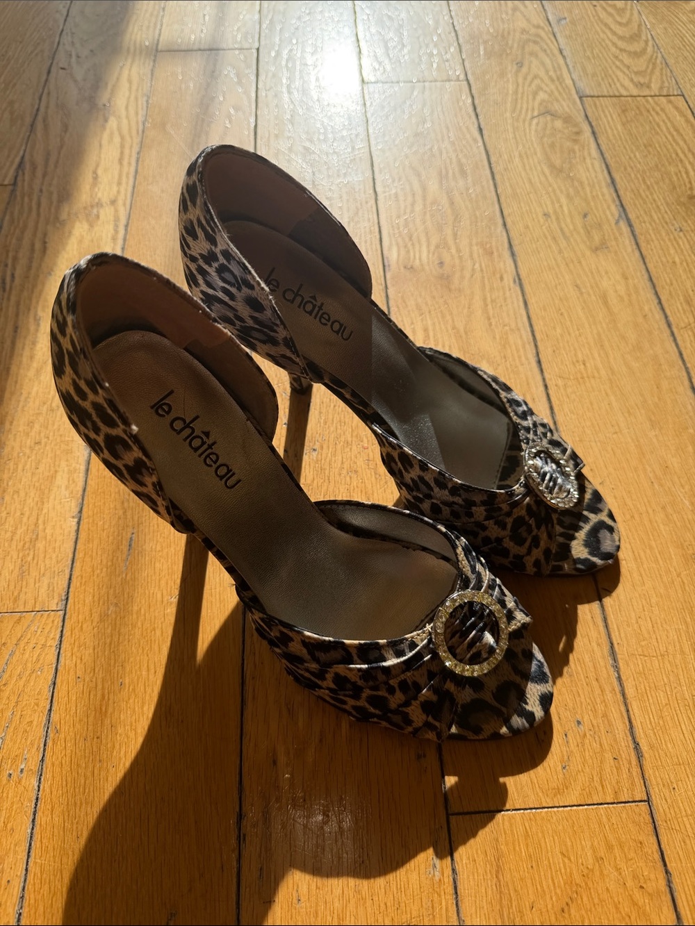 le chateau Leopard Print Peep-Toe Heels with Buckle Accent
